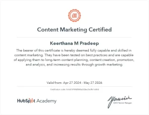 Freelance Digital Marketer in Kochi Hubspot Certificate